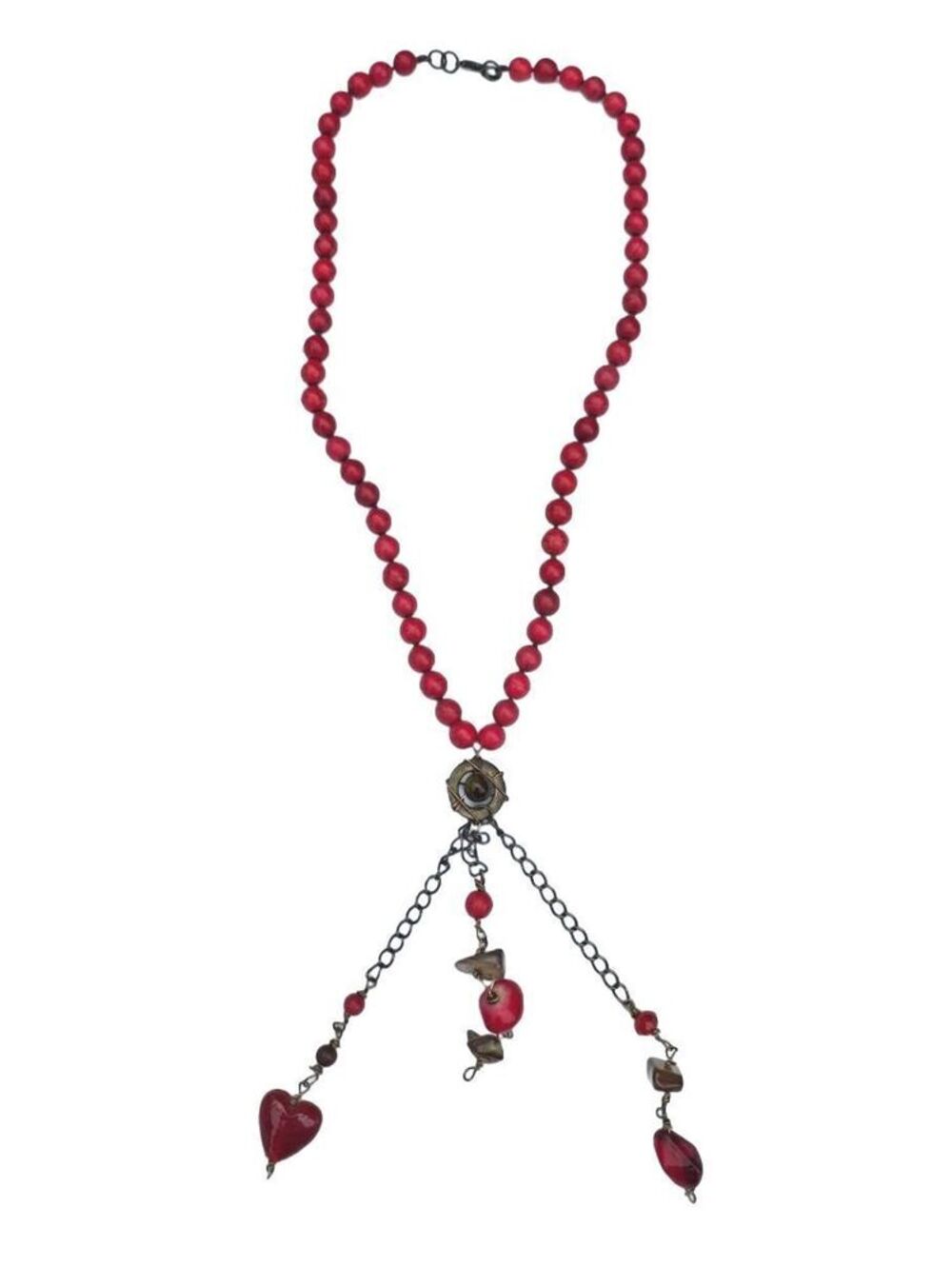 Hand knotted Red Howlite Statement Necklace = Boho Tassel & Charm Pendant